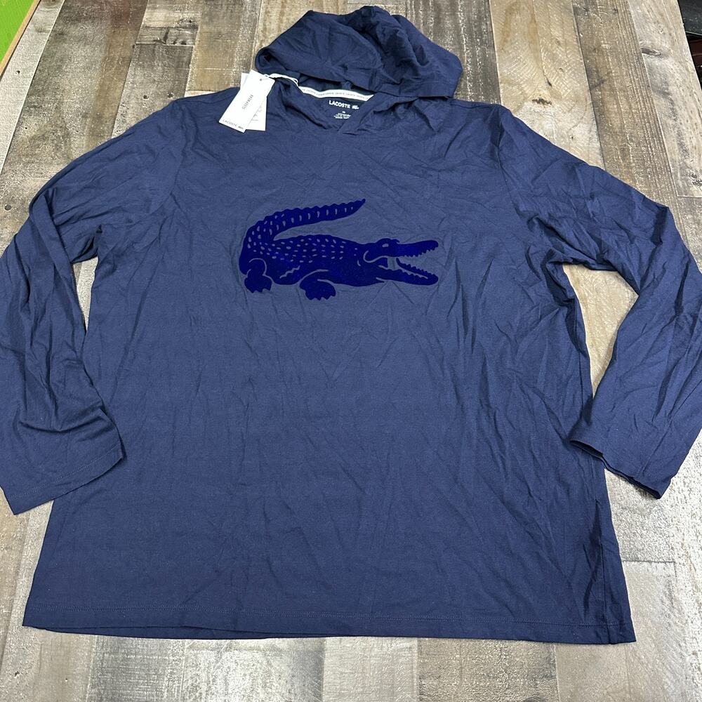 Lacoste Hoodie Mens 2XL Sleepwear Embossed Croc Logo Navy Blue Pullover Lounge